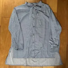 青系チェック柄ボウタイ付き長袖シャツ