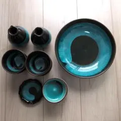 ターコイズブルー 陶器 食器セット 徳利 猪口 鉢のサムネイル