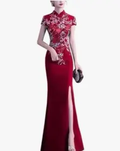 厚手美品◆演奏会/舞台/撮影/カラー/パーティ/イベント◆赤＋刺繍◆ロングドレス