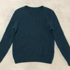 カシミヤ100% ケーブルニットセーター クルーネック グリーン系 Lサイズ