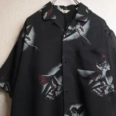 古着 レトロ シャツ 総柄 柄シャツ 開襟 オープンカラーシャツ ブラック 半袖