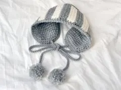 ♡ イヤーマフ アフガン編み ボーダー グレー ♡