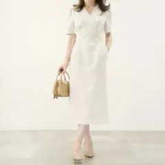 半袖 パール 付き カシュクール ワンピース Liala×PG アイボリー