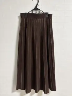 【美品】ブラウン ニット素材 裏地付き プリーツスカート ストライプ 厚手