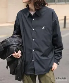 ②KANGOL ワンポイントロゴ刺繍　レギュラーカラー長袖シャツ　ネイビーＭ