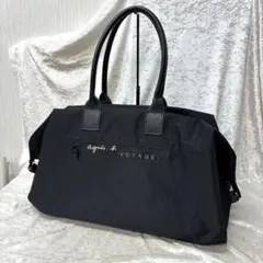 アニエスベーボヤージュ ボストンバッグ ナイロン レザー 刺繍ロゴ 黒 希少