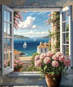 ダイヤモンドアート　花　窓　海　ビーズアート　風景　景色のサムネイル