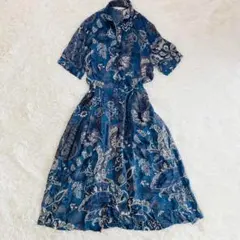 バーバリーズ　ロングワンピース　ブルー　花柄　リネン混 mサイズ　Aライン　半袖
