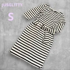 ジャスグリッティー ワンピース ボーダー 白 ネイビー S相当 ビジュー リボン