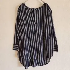 【MICHEL KLEIN】（M）ノーカラーストライプシャツ/七分袖カットソー