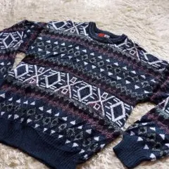 幾何学模様 マルチカラー　ニット　レトロ　古着 M