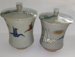 【昭和レトロ】年代物♦貫入九谷焼…蓋付き✰集山九谷✰夫婦湯呑み２個セット✰