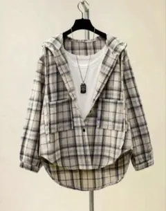 【大特価】フード付きチェックシャツ　パーカー　オーバーサイズ　大きいサイズ　XL