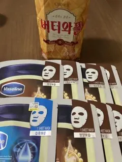 Vaselineシートマスク集中保湿、栄養保湿8枚＆ヘテ バターワッフル韓国菓子