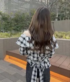 チェック柄バックリボンオフショルダートップス