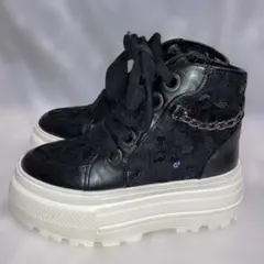 あしながおじさん 厚底ハイカットスニーカー 24cm ブラック リボン レース