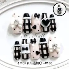 ネイルチップ フレンチガーリー リボン チェックネイル 量産型 韓国