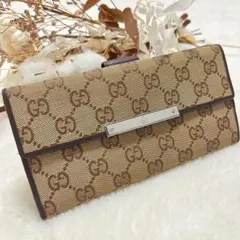 GUCCI GGキャンバス 長財布 ロゴプレート ダブルフラップ ダーク