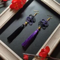 【バイカラー】吉祥結びとタッセルのピアス（イヤリング）（色オーダー可）【中華風】