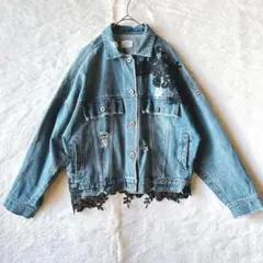 イディット　デニムジャケット　Gジャン　花柄刺繍　黒レース　フリンジ　ダメージ