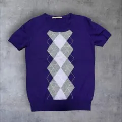 M*a様 アーガイル柄 半袖ニットセーター 紫 S
