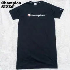 Champion♦ロゴプリント クルーネック 半袖 ワンピース Tシャツ 黒 Fのサムネイル