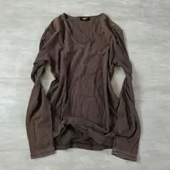 00s Vネック 長袖カットソー シワ加工 麻風 ブラウン Y2K グランジのサムネイル