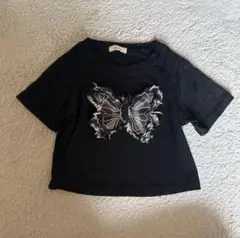 黒 蝶刺繍 クロップドTシャツ