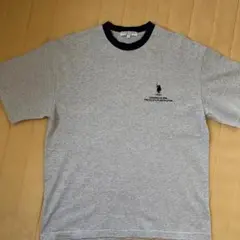 ユーエスポロアッスン リンガーTシャツ F グレー ネイビープリントワンポイントのサムネイル