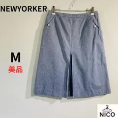 ニューヨーカー コットンリネン Aラインスカート ブルー系 9号 貝ボタンのサムネイル