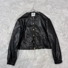 ZARA ブラック フェイクレザージャケット ノーカラーブルゾン　S
