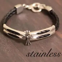 13★Silverシルバー風ステンレスメンズブレスレット十字架クロスレザー調