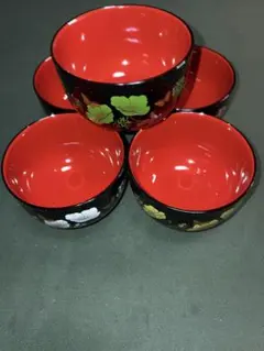 花しずか　盆付き　椀 5個セット 黒 赤 花柄