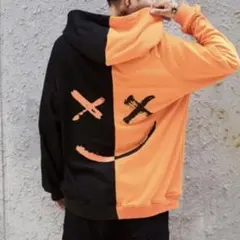 5.バイカラー ニコちゃん オレンジ 黒 パーカー 長袖 韓国 メンズ 秋冬