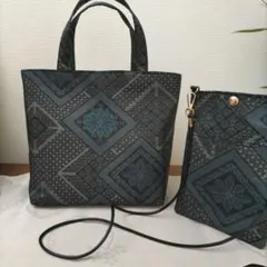 着物　帯リメイクバック　　大島紬　紺系　スマホショルダー付き