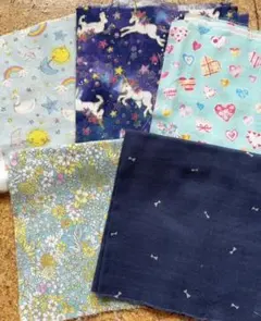 ダブルガーゼ　ハギレ30×30cmブルー系5枚セットユニコーン女の子ベビー