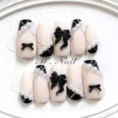 ネイルチップ フレンチガーリー リボン 黒 チェックネイル 量産型 韓国