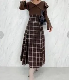 dazzlin ビックカラーチェックコルセットロングワンピース