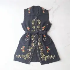 c 未使用 昭和レトロ ニット ロングカーディガン 花柄 刺繍 ヴィンテージ風