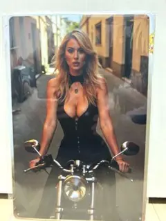 ブリキ看板　金髪　美女　ブロンド　ボンテージ　バイク　セクシー　街　アメリカン