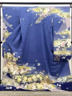 イナコ　お振袖フルセット　7点セット　青　雲取波に檜扇　正絹　美品 イナコ様専用 お振袖フルセット 7点セット 青 雲取波に檜扇 正絹 美品