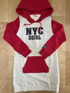 NYC x GIRL フード付きミニワンピース グレー/レッド