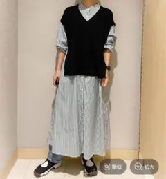 GLOBAL WORKセット売り　ストライプシャツワンピース　サイドベルトベスト