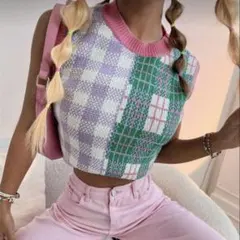 新品 SHEIN ニットベスト ブロックチェック 格子縞パターン セーター L