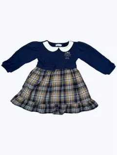 ネイビー チェック柄 七分袖 ワンピース