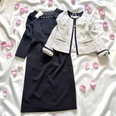 タグ付 近年モデル パール ワンピース スーツ ツイード ノーカラー M