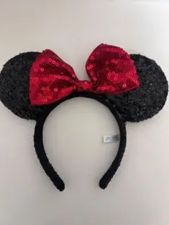 ミニーマウススパンコールカチューシャ 黒×赤スパンコール