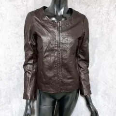 本革 羊革 ノーカラーレザージャケット ライダースジャケット ブラウン