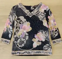 レオナール 花柄トップス ブラック×ホワイト 半袖 カットソー 花柄