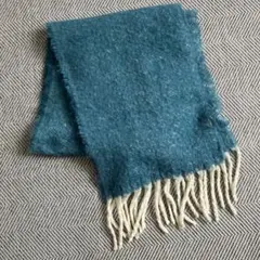 フリンジ付きマフラー　ウールブレンド グリーン　 ティールカラー